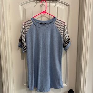 Blue Raglan T-Shirt with Striped and Leopard Sleeves